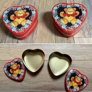 *TWO* Vintage - 1990 - Enesco - 3.5 inch Lucy Rigg-Heart Shape-Teddy Bear Tins